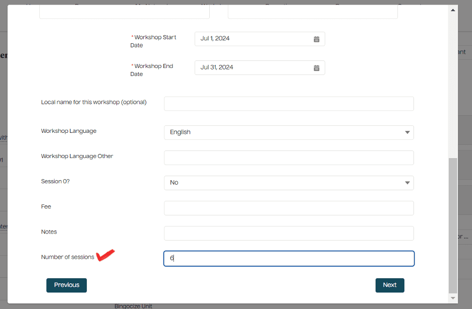 screenshot with Number of sessions field filled in with a 6