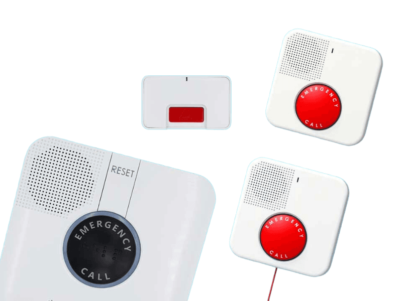 The GetSafe base station, a standard wall button, and 2 voice wall buttons