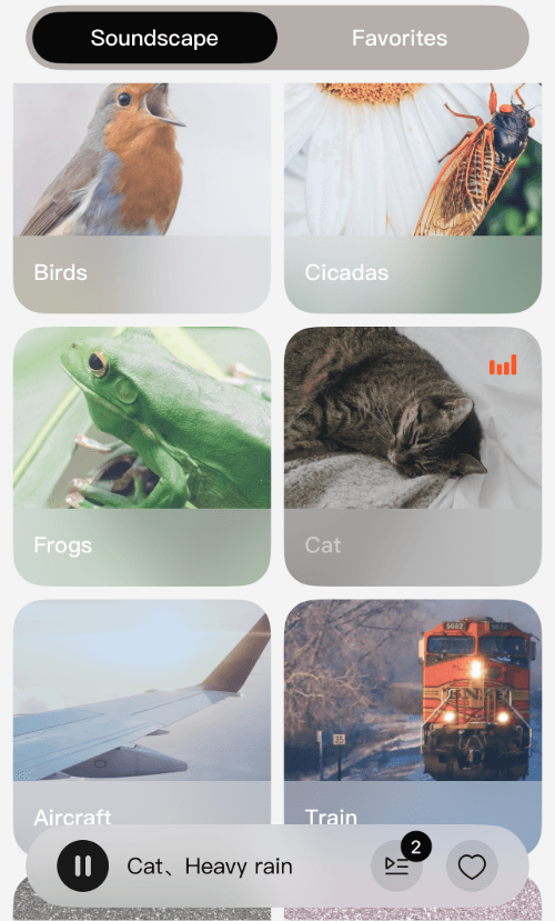 A screenshot of the Elehear app showing the different soundscapes (birds, cicadas, frogs, cat, aircraft, train)