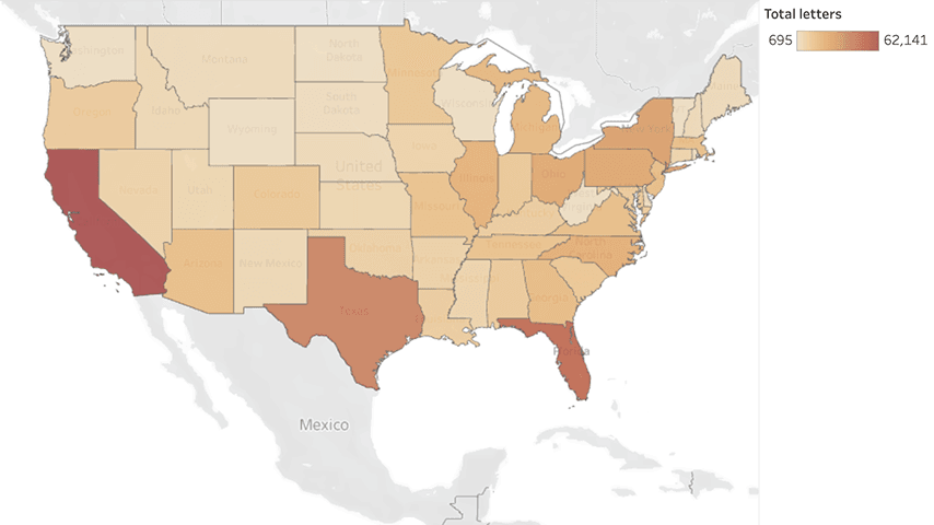 U.S. map showing range of SSA Medicare assistance outreach letters