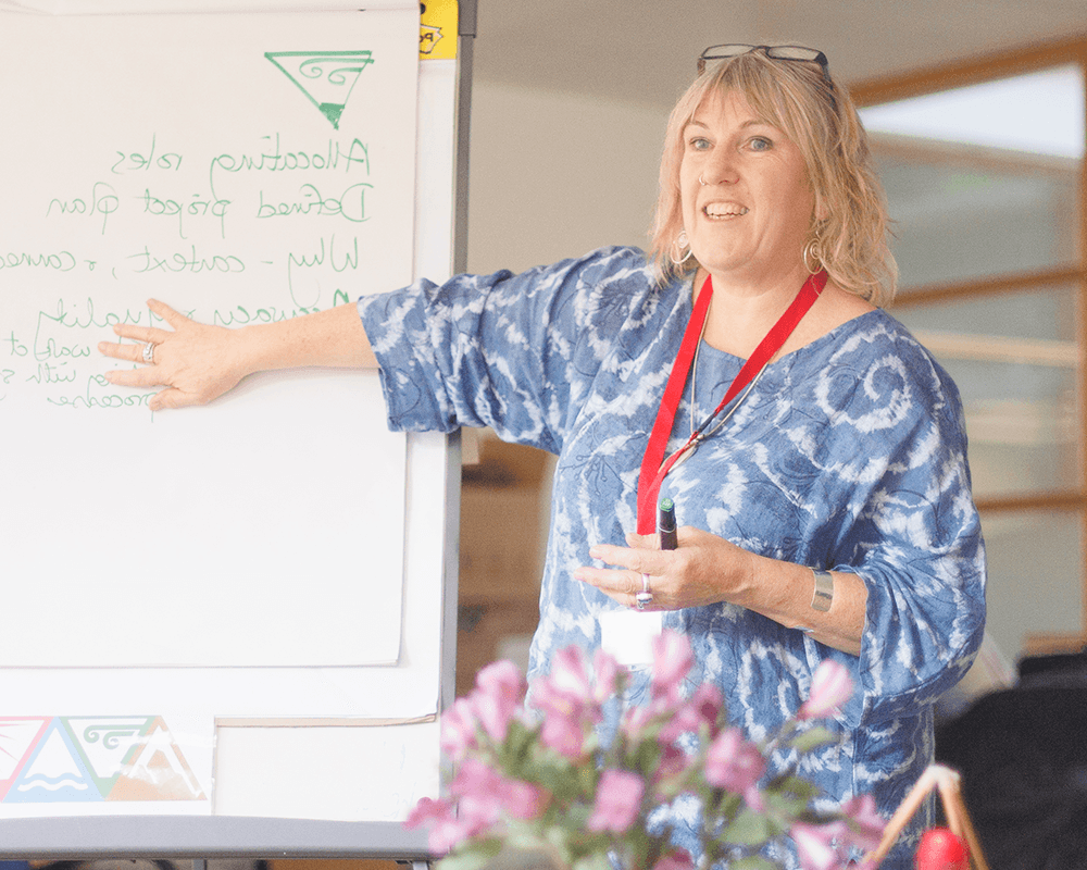 woman with blonde hair, wearing a blue patterned top and red lanyard, smiling and pointing to text on a flip chart