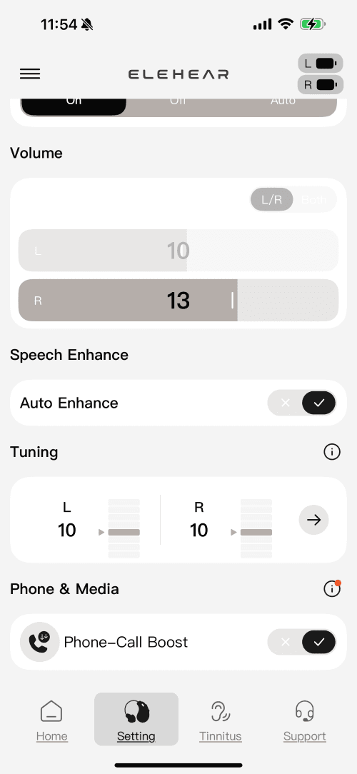 screenshot of the customization options in the ELEHEAR app