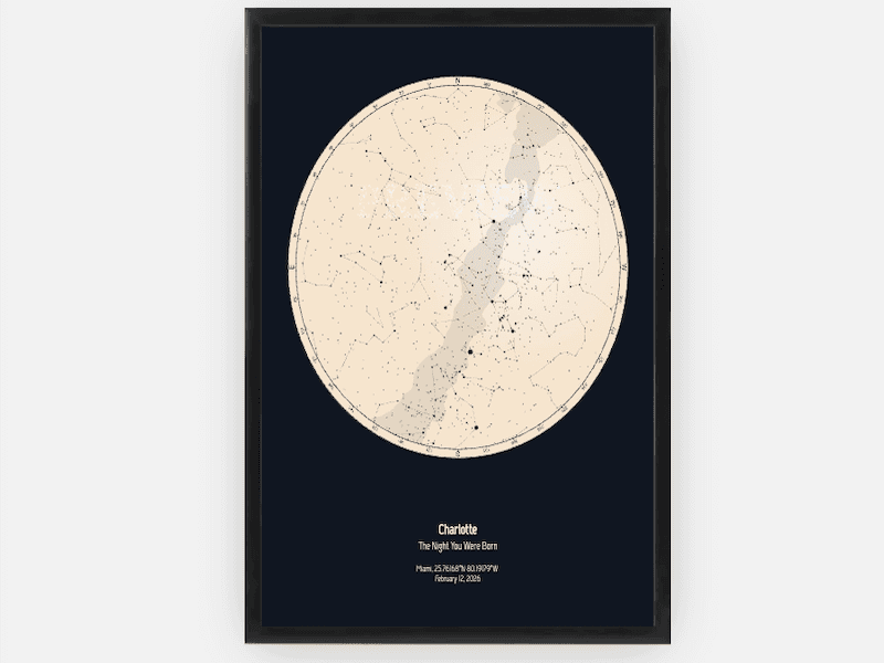 Framed poster featuring a circle view of constellations with the name “Charlotte” and “The Night You Were Born” printed underneath