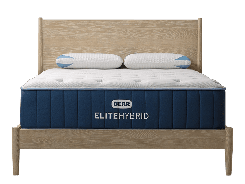 The Bear Elite Hybrid with a headboard and two pillows