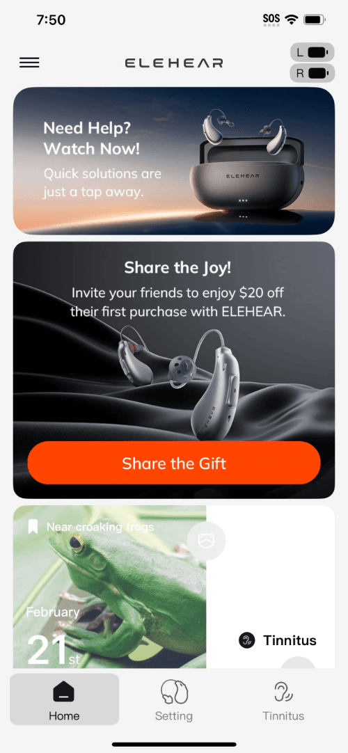 Screenshot of the ELEHEAR app’s main page, with links to watch videos about using the devices, tinnitus features, and a coupon