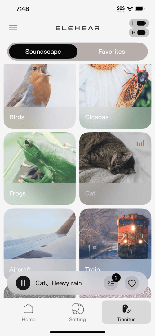 screenshot of some of the tinnitus masking options on the ELEHEAR app, including birdsong, cicadas, and a cat purring