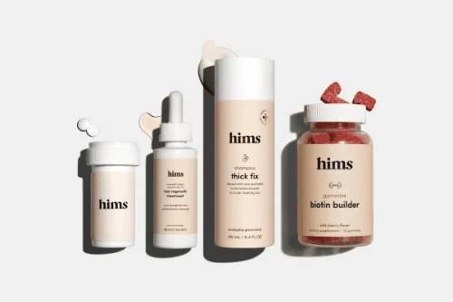 Hims tablets, serum, shampoo, and biotin gummies
