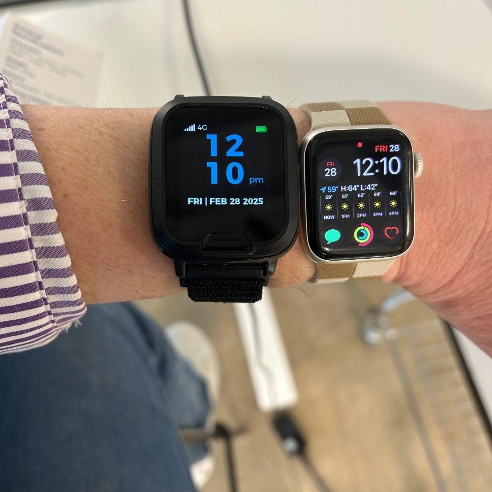 The Medical Alert Smartwatch and the AppleWatch side-by-side on a wrist