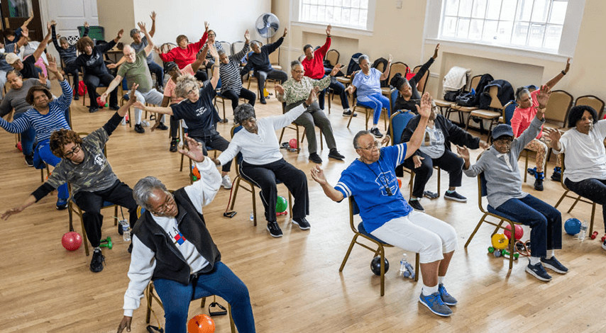 seated exercise class in a senior center