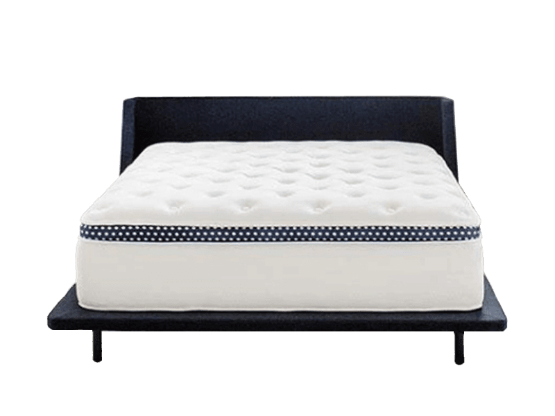 The WinkBed Luxury Firm mattress with a black bed frame and headboard