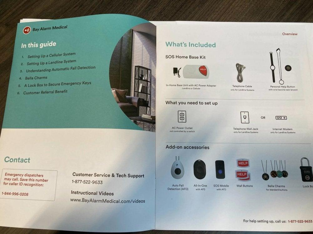 The Bay Alarm Medical SOS Home user manual open to a page showing what’s included in the box