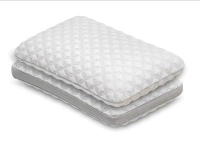 The quilted white cover of the Brooklyn Bedding Talalay Latex pillow without a pillowcase
