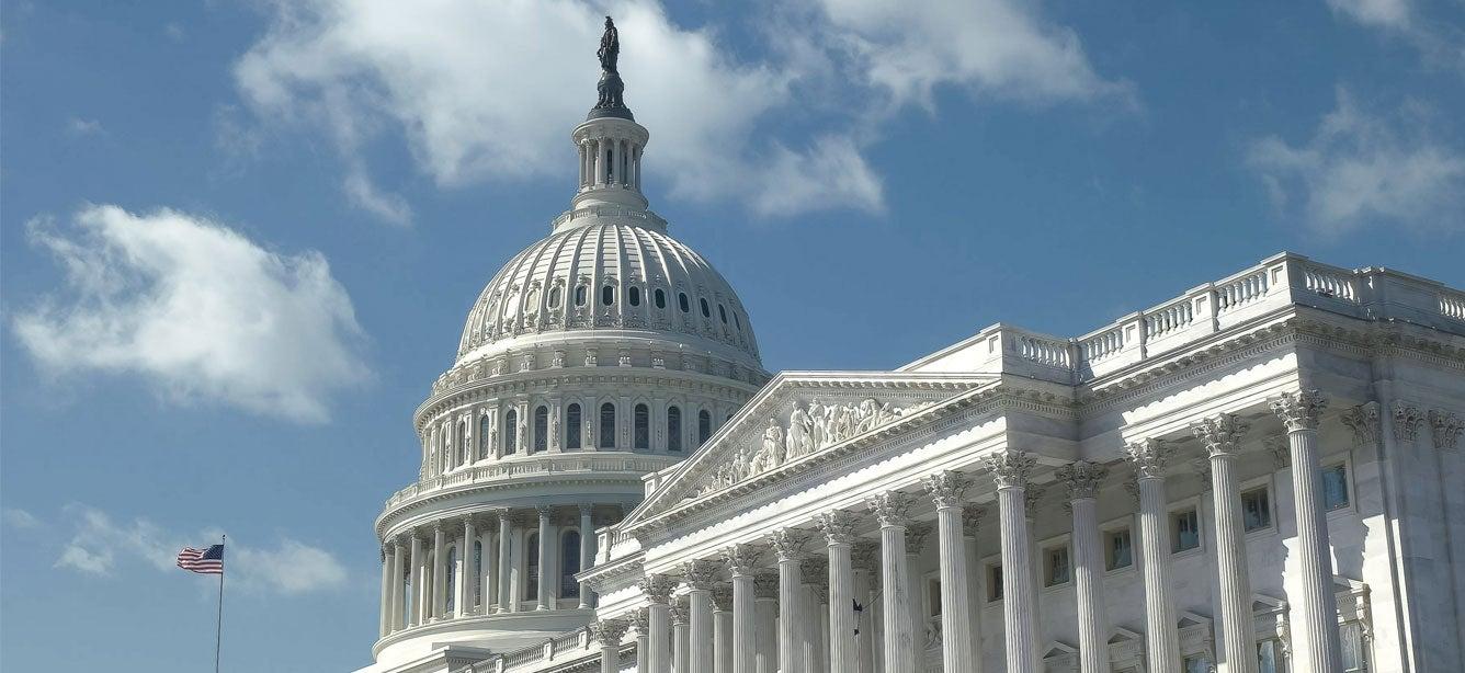 A side view of the east side of the capitol building in Washington.