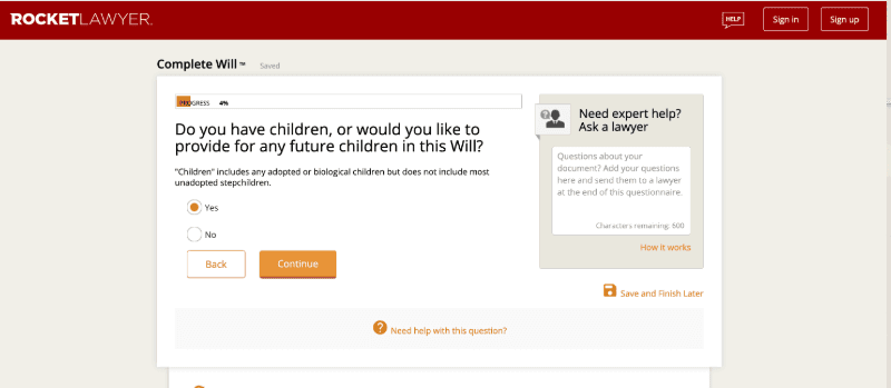 The Complete Will template from Rocket Lawyer