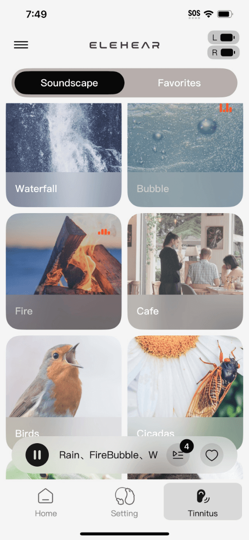 screenshot of the ELEHEAR app’s tinnitus settings, including options like “fire” or “birds”