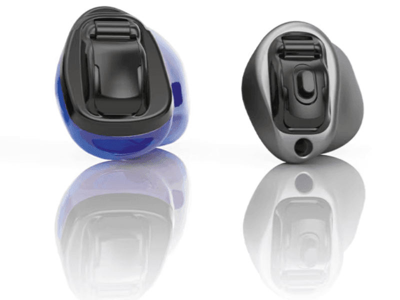 The Phonak Virto Infinio hearing aids in blue and silver