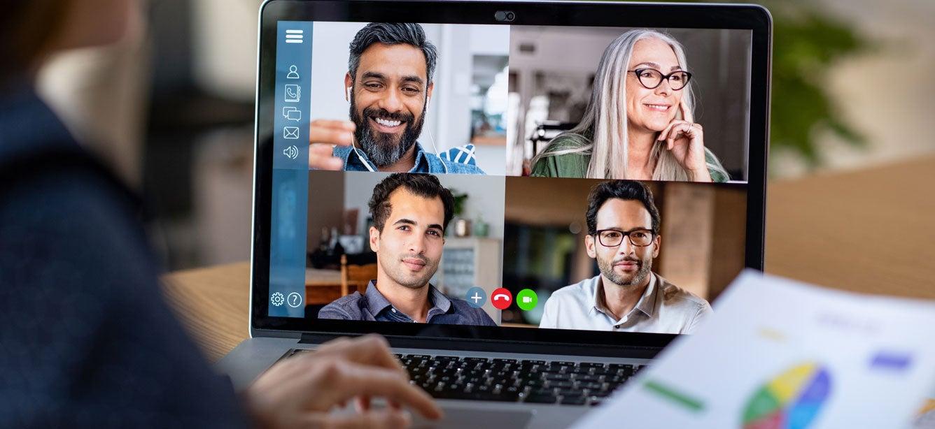A group of older adults are holding a conference call.