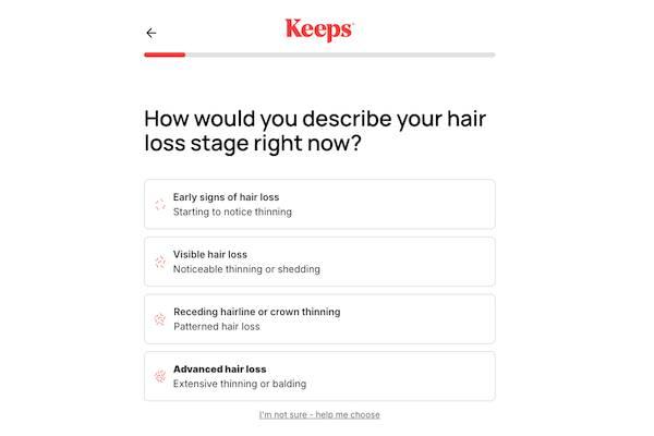 A screenshot of the Keeps hair loss intake questionnaire