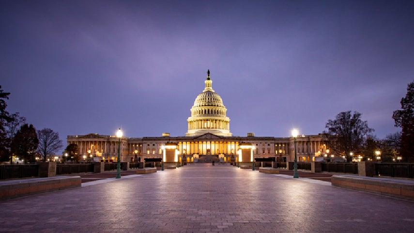 U.S. Capitol Building at night.