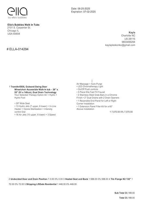 A free quote for an Ella’s Bubbles walk-in tub.