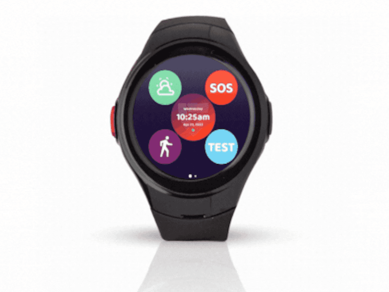 Medical Guardian smartwatch showing display with time, movement tracking, SOS button, and more.
