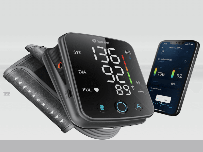 Close-up of digital display on Oxiline XS Pro blood pressure monitor.