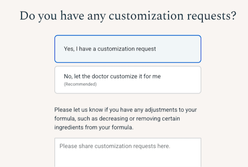 Option to submit customization requests for Happy Head hair loss treatments