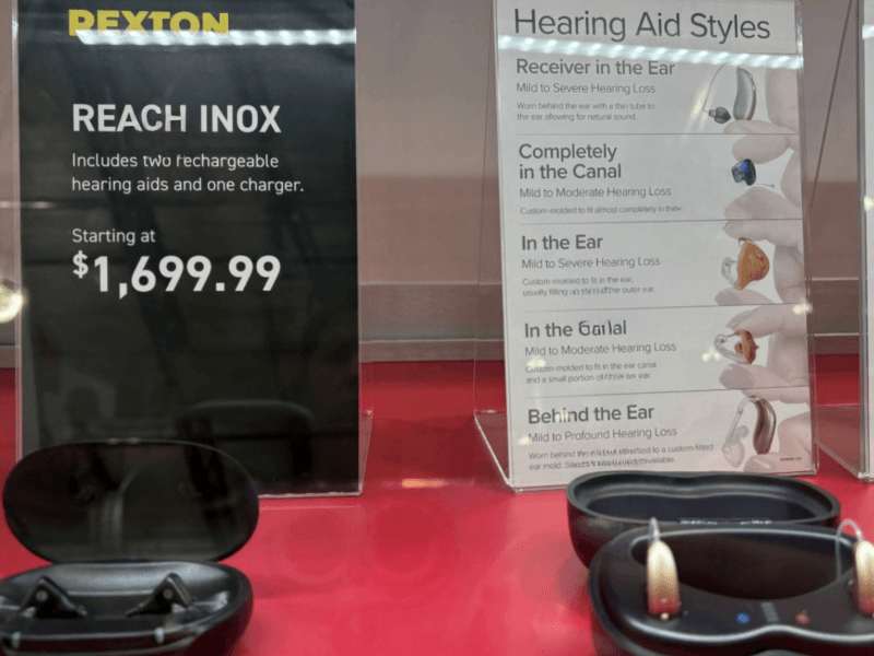 A display showing the Rexton Reach Inox hearing aids at Costco