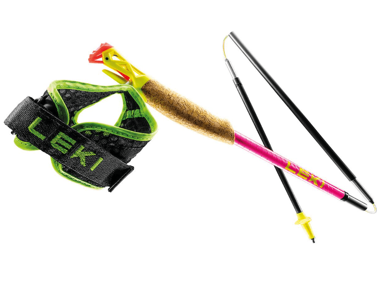 Close-up view of LEKI trekking poles, unassembled.